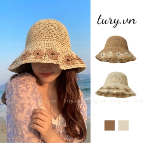 Nón Cói Đi Biển Mùa Hè - Tury - Mũ Cói Che Nắng Phối Viền Hoa Nâu Xinh Phụ Kiện Thời Trang Phong cách Hàn Quốc - NC035