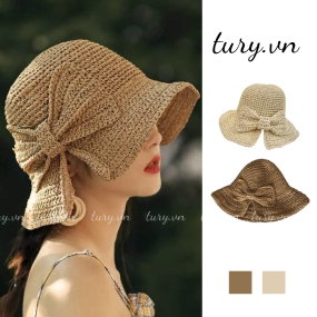 Nón Cói Du Lịch Nữ - Tury - Mũ Cói Chất Liệu Rơm Tự Nhiên Phối Nơ Bản To Cá Tính Vành Form Nhỏ Đi Chơi Mùa Hè - NC012