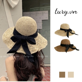 Nón Cói Vành Rộng Nữ - Tury - Mũ Cói Họa Tiết Phối Nơ Đen Nhẹ Nhàng Siêu Xinh Các Các Nàng Sống Ảo Mùa Hè Basic - NC009