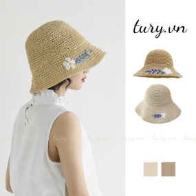 Mũ Cói Nữ -Tury- Nón Cói Phối Nhánh Hoa Nhỏ Siêu Xinh Che Nắng Form Nhỏ Gọn Mềm Mại Đi Biển Đi Chơi Mùa Hè Basic - NC042