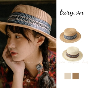 Nón Cói Đi Biển Vành Ngắn -Tury- Mũ Cói Che Nắng Cói Phối Dây Rời Thổ Cẩm Vintage Cao Cấp Phong Cách Hàn Quốc - NC044