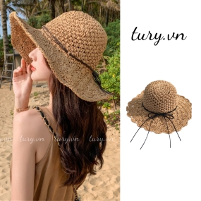 Nón Cói Đi Biển, Mũ Cói Nhẹ Nhàng Nâu Phối Dây Đen Vành Rộng Chống Nắng Cho Các Nàng Đi Chơi Đi Biển Mùa Hè -Tury -NC003