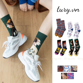 Tất Cổ Cao Vừa Unisex -Tury- Vớ Cotton Dày Dặn Giữ Ấm Phối Họa Tiết Nghệ Thuật Mới Lạ Vintage Phong Cách Hàn Quốc -TVC17