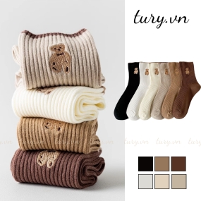 Tất Giữ Ấm Unisex -Tury- Vớ Cotton Phối Gấu Siêu Xinh Cổ Cao Phụ Kiện Giày Dép Outfit Bốn Mùa Phong Cách Hàn Quốc -TVC09