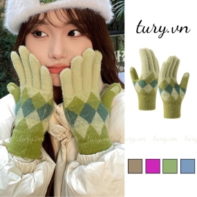 Găng tay len unisex nam nữ, Găng tay giữ ấm cảm ứng điện thoại họa tiết hình thoi thời trang thu đông - GT039