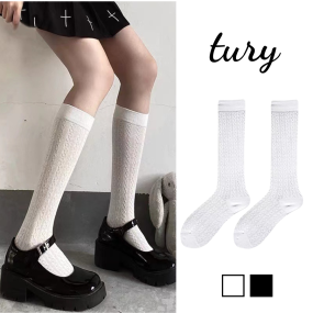 Vớ tất cổ cao đến đầu gối vải cotton thoáng mát phối hoa văn, Tất trơn hai màu đen trắng phong cách Hàn Quốc - Mã TVC54