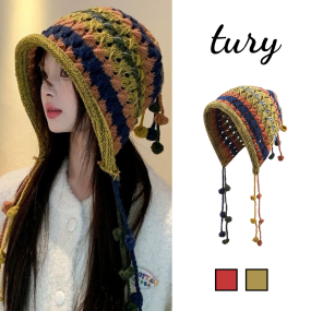 Mũ Len Dệt Kim, Mũ Beanie Trùm Tai Unisex Đính Tua Rua Phối Màu Bắt Mắt Thời Trang Thu Đông - TURY - Mã NL026