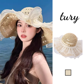 Nón Cói Đi Biển Unisex, Mũ Cói Vành Rộng Phối Voan 2 Tầng Phong Cách Nàng Thơ Vintage Thời Trang Mùa Hè -Mã NC075