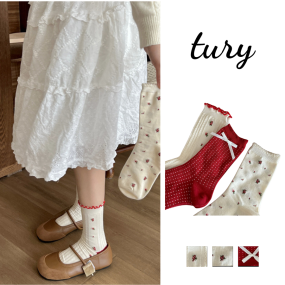 Vớ Tất Cổ Cao Nữ, Tất Vớ Cotton Họa Tiết Nơ Chấm Bi Tone Đỏ Xinh Xắn Phong Cách Tiểu Thư Dễ Thương - Mã TVC106