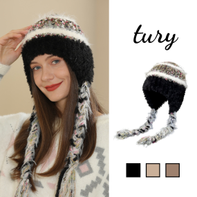 Mũ Len Trùm Tai Giữ Ấm Unisex, Nón Len Kẻ Sọc Phối Lông Thú Xinh Xắn Dễ Thương Thời Trang Thu Đông - Tury - Mã NL030