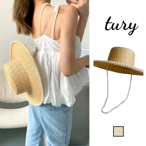 Mũ Cói Form Cứng Unisex, Nón Cói Vành Rộng Phối Viền Và Dây Ngọc Trai Thời Thượng Đi Biển Che Mùa Hè - TURY -Mã NC076