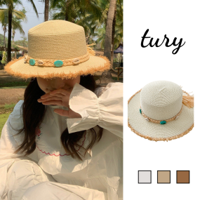 Mũ cói cứng phối dây vỏ sò vintage - Mã NC104