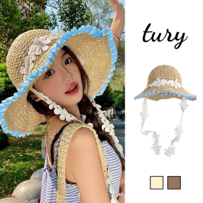 Mũ cói form mềm vành ren phôi dây Hoa trắng đi biển - Mã NC109