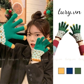Găng tay len unisex nữ, Găng tay chống nắng giữ ấm cảm ứng điện thoại họa tiết trơn phối hoa thời trang thu đông - GT003