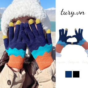 Găng tay len unisex nam nữ, Găng tay giữ ấm cảm ứng điện thoại họa tiết trơn phối gơn sóng thời trang thu đông - GT004