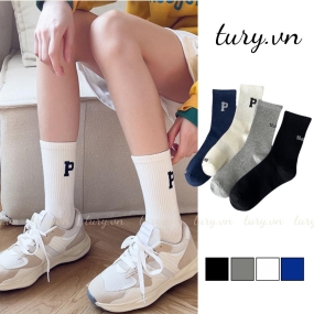 Tất Giữ Ấm Cotton Unisex -Tury- Vớ Cổ Cao Vừa Ôm Chân Phối Chữ P Cá Tính Dễ Thương Năng Động Dễ Phối Đồ Hàn Quốc - TVC28