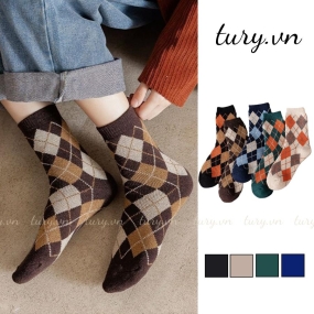 Vớ Tất Cao Cấp Loại 1 Nam Nữ -Tury- Tất Thổ Cẩm Phối Hình Thoi Cotton Co Giãn 4 Chiều Cổ Điển Phong Cách Nhật Bản -TVC32