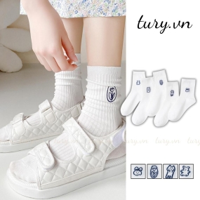 Tất Gấu Trơn Cotton Unisex -Tury- Vớ Cổ Cao Vừa Màu Trắng Phối Thêu Siêu Mịn Phù Hợp Đi Học Đi Chơi Phong Cách Hàn Quốc - TVC24