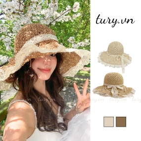 Nón Cói Loại 1 Đi Biển Mùa Hè -Tury- Mũ Cói Vành Rộng Phối Ren Dây Buộc Cao Cấp Tiểu Thư Đi Du Lịch Hàn Quốc - NC049