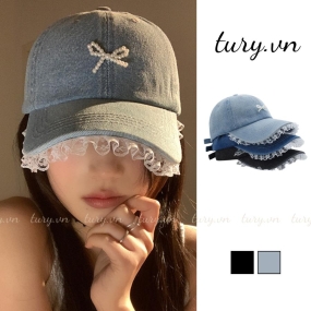 Mũ lưỡi trai unisex nữ, Nón kết chất liệu jean dày thêu nơ phối ren dễ thương thời trang Hàn Quốc - TURY - MLT022