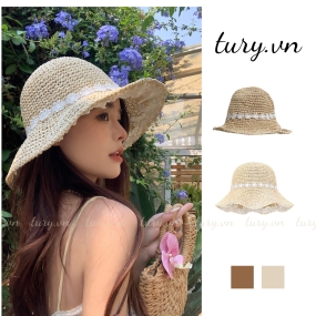 Nón Cói Che Nắng Đi Biển - Tury - Mũ Cói Phối Viền Hoa Trong Ngoài Trắng Siêu Hot Đáng Yêu Diện Outfit Mùa Hè - NC036