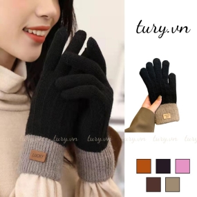 Găng tay len unisex nam nữ, Găng tay trơn giữ ấm cảm ứng điện thoại họa tiết phối tag thời trang thu đông - GT002