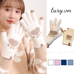 Găng tay len unisex nữ, Găng tay giữ ấm cảm ứng điện thoại họa tiết trơn phối tay gấu cute thời trang thu đông - GT005