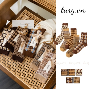 Set Vớ Cotton Nam Nữ -Tury- Tất Cổ Cao Vừa Thổ Cẩm Siêu Ấm Siêu Mịn Dày Dặn Co Giãn 4 Chiều Phong Cách Cổ Điển - TVC44