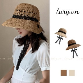 Nón Mũ Cói Mùa Hè - Tury - Nón Chống Nắng Phối Ren Dây Đen Gợi Cảm Nữ Tính Gấp Gọn Tiện Lợi Mang Theo Bên Nàng  - NC032
