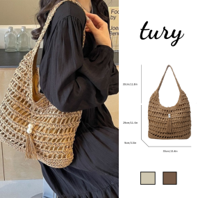 Túi Cói Đi Biển Unisex, Túi Cói Đeo Quai Form Mềm Đan Lưới Gắn Ngọc Trai Tua Rua Thời Trang Mùa Hè - Mã TC046