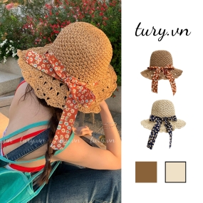 Nón Cói Đi Biển - Tury - Mũ Cói Phối Nơ Hoa Chấm Bi Vành Mềm Mại Có Thể Gấp Gọn Tiện Lợi Cho Chị Em Diện Outfit - NC045