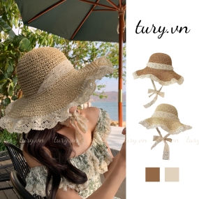 Mũ Cói Nón Cói Siêu Hot - Tury - Nón Cói Vành Rộn Viền Hoa Phối Dây Ren Trắng Cao Cấp Bán Chạy Đi Chơi Mùa Hè - NC034