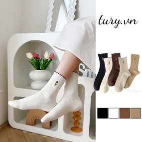 Tất Trơn Cổ Cao Basic Nữ -Tury- Vớ Cotton Thêu Hoa Cổ Vành Xèo Siêu Mịn Nữ Tính Nàng Thơ Cho Các Nàng Phối Giày - TVC74